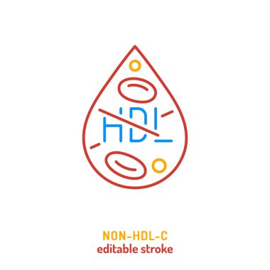 HDL-C olmayan kan testi ikonu, piktogram. Çizgisel vektör çizimi. Kardiyovasküler risk değerlendirmesi için kolesterol bileşenleri, kalp sağlığı izleme, lipit metabolizması. Düzenlenebilir vuruş