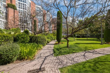 Sunny day in green european courtyard. Modern residential complex in Barcelona, Spain.