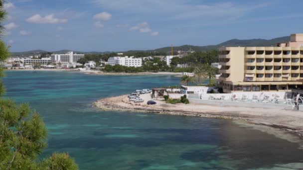 Beautiful Turquoise Bay Ibiza Island Hotel Beach Luxury Rest Balearic — Stock Video