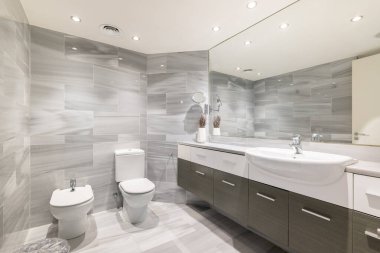 Banyo, bide, tuvalet ve lavabo büyük aynanın altında. Otel odasında banyo konforu olan iyi ışıklandırılmış banyo alanı. Pahalı yenileme
