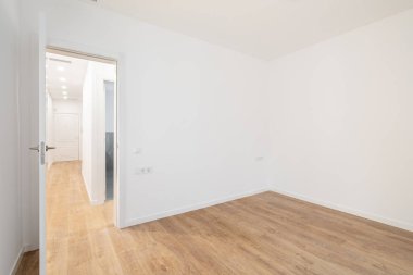 Empty room with laminate flooring and newly painted white wall in refurbished apartment with corridor leading to other rooms. Repair and construction concept