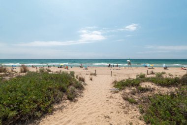 Açık mavi gökyüzünün altında hareketli bir plaj sahnesine doğal bir kumlu yol açılıyor..