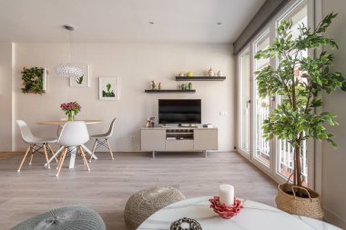 Geniş pencereli geniş bir oturma odası, duvarın arkasında yemek masası, televizyon, raflar, dekoratif aksesuarlar ve bitkiler. İşlevsel ve şık daire konsepti.