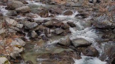 Güzel, dingin bir dere yumuşak, cilalı kayaların üzerinden akıyor, doğanın ihtişamıyla çevrili.