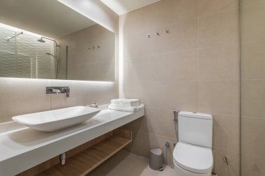 Konforlu ama sofistike bir banyo. İçinde bej fayanslar, yumuşak ışıklandırma, yüzen bir kibir ve gösterişli bir duş..