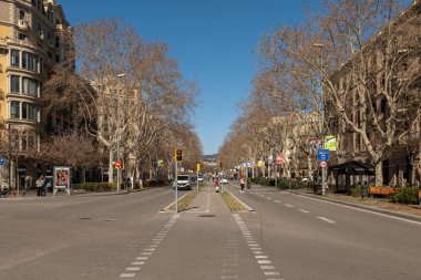 Barselona, İspanya - 5 Mart 2019. Passeig de Sant Joan Barcelona 'da güneşli bir günde simetrik yapraksız ağaçlar ve klasik binalarla dolu geniş bir cadde.