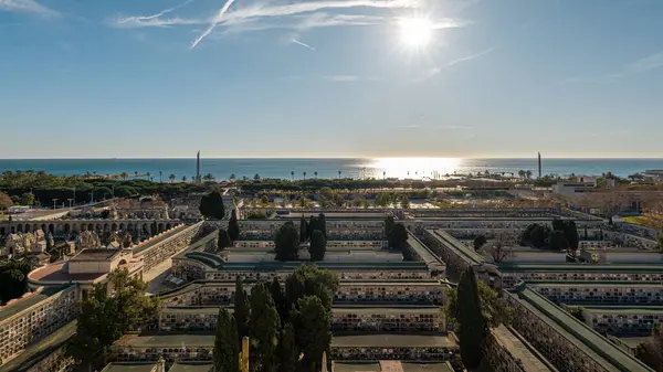 Barcelona 'da yeşil ağaçlar, palmiyeler ve berrak gökyüzünün altında ışıl ışıl deniz olan tarihi bir mezarlık üzerine parlak bir hava perspektifi.