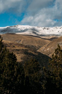Parlak gökyüzü ve karlı tepeleri olan dağ manzarası ağaçların ve altın tepelerin üzerinde beliriyor.