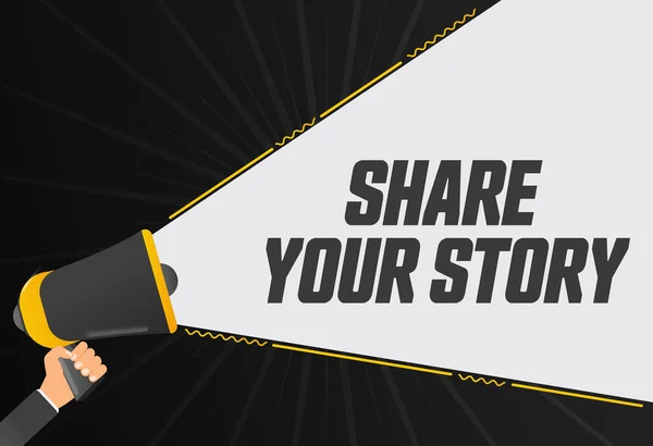 Partilha Tua História Megafone Banner Promoção Mão Publicidade Promocional Discurso — Vetor de Stock