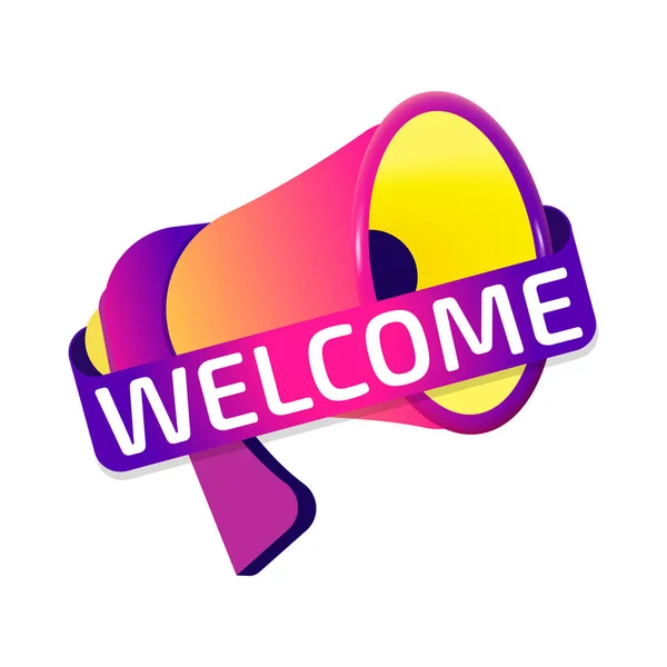 Welkom Banner Label Badge Icoon Met Megafoon Vlak Ontwerp Vectorillustratie — Stockvector