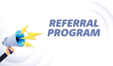 El ele tutuşan megafon. Bir arkadaşa atıfta bulun, gerçekçi 3D megafon, yıldırımlı hoparlör. Semboller Sözcüsü, Sosyal medya, Reklamcılık ve Tanıtım. Vektör illüstrasyonu