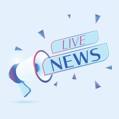 3D gerçekçi megafon vektör illüstrasyonlu canlı haber metni. Banner sosyal medyada, eğitim kursunda, pazarlama teknolojisi posterinde webinar haberlerini duyuracak. Vektör stok illüstrasyonu