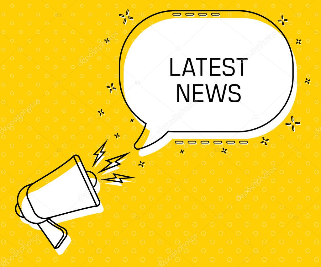 Latest news. Megaphone and colorful yellow speech bubble with quote. Blog management, blogging and writing for website. Concept poster for social networks, advertising, banner. Flat design