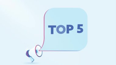 En iyi 5 konuşma balonlu 3 boyutlu gerçekçi megafon. Hoparlör. İş, pazarlama ve reklam afişi. 4K video hareketi canlandırması