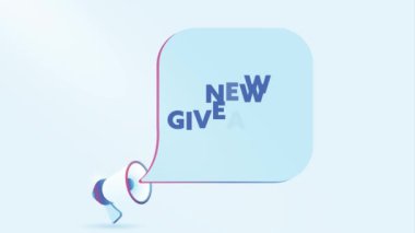 Üç boyutlu gerçekçi megafon ve yeni bir hediye, konuşma balonu. Hoparlör. İş, pazarlama ve reklam afişi. 4K video hareketi canlandırması