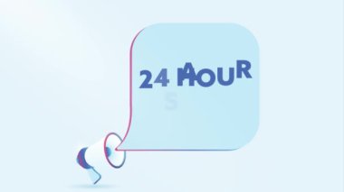24 saat indirimli 3D gerçekçi megafon, konuşma balonu. Hoparlör. İş, pazarlama ve reklam afişi. 4K video hareketi canlandırması