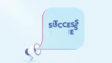 Başarılı hikayeleri ve konuşma baloncuğu olan üç boyutlu gerçekçi megafon. Hoparlör. İş, pazarlama ve reklam afişi. 4K video hareketi canlandırması