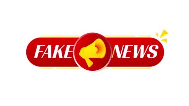 Beyaz arka planda sahte haber afişi olan bir megafon. Web tasarımı. 4K video hareketi canlandırması