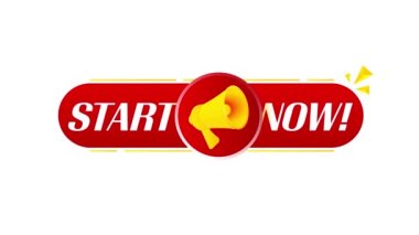 Başlayan megafon şimdi beyaz arkaplanda afiş yapıyor. Web tasarımı. 4K video hareketi canlandırması