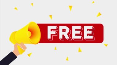 Elinde megafon tutan bir adam var ve yazı tahtasının yanında bedava yazıyor. 4K video hareketi canlandırması