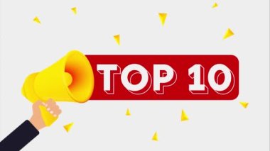Elinde megafon tutan bir adam ve yazı tahtasının yanındaki Top 10. 4K video hareketi canlandırması
