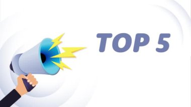 El ele tutuşan megafon. Top 5, gerçekçi 3D megafon, yıldırımlı hoparlör. Sembol sözcüsü, sosyal medya, reklam ve tanıtım. 4K video hareketi canlandırması