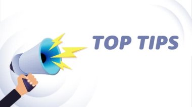 El ele tutuşan megafon. En iyi bahşişler, gerçekçi 3D megafon, yıldırımlı hoparlör. Sembol sözcüsü, sosyal medya, reklam ve tanıtım. 4K video hareketi canlandırması