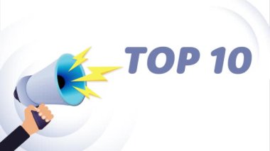 El ele tutuşan megafon. Top 10, gerçekçi 3D megafon, yıldırımlı hoparlör. Sembol sözcüsü, sosyal medya, reklam ve tanıtım. 4K video hareketi canlandırması