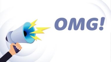 El ele tutuşan megafon. Omg, gerçekçi 3D megafon, yıldırımlı hoparlör. Sembol sözcüsü, sosyal medya, reklam ve tanıtım. 4K video hareketi canlandırması