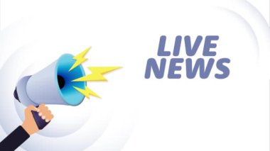 El ele tutuşan megafon. Canlı haberler, gerçekçi 3D megafon, yıldırımlı hoparlör. Sembol sözcüsü, sosyal medya, reklam ve tanıtım. 4K video hareketi canlandırması