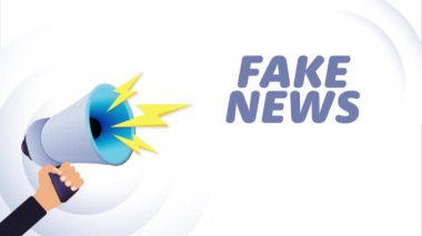 El ele tutuşan megafon. Sahte haber, gerçekçi 3D megafon, yıldırımlı hoparlör. Sembol sözcüsü, sosyal medya, reklam ve tanıtım. 4K video hareketi canlandırması