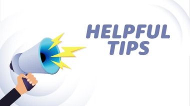 El ele tutuşan megafon. Faydalı ipuçları, gerçekçi 3D megafon, yıldırımlı hoparlör. Sembol sözcüsü, sosyal medya, reklam ve tanıtım. 4K video hareketi canlandırması