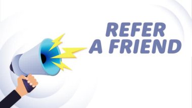 El ele tutuşan megafon. Bir arkadaşa atıfta bulun, gerçekçi 3D megafon, yıldırımlı hoparlör. Sembol sözcüsü, sosyal medya, reklam ve tanıtım. 4K video hareketi canlandırması