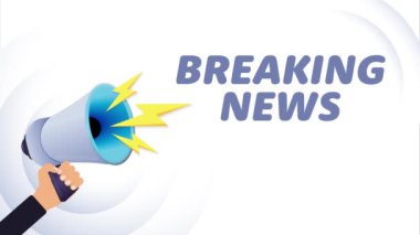 El ele tutuşan megafon. Flaş haber, gerçekçi 3D megafon, yıldırımlı hoparlör. Sembol sözcüsü, sosyal medya, reklam ve tanıtım. 4K video hareketi canlandırması