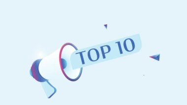 3D gerçekçi megafon animasyonlu ilk 10 metin. Reklam videosu için megafon pankartı. 4K hareket canlandırması