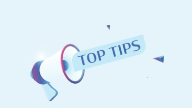 3D gerçekçi megafon animasyonlu üst uçlu metin. Reklam videosu için megafon pankartı. 4K hareket canlandırması