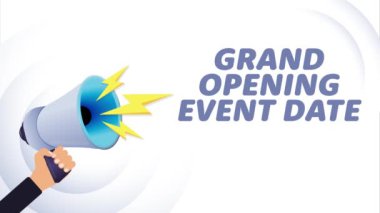 El ele tutuşan megafon. Büyük açılış günü, gerçekçi 3D megafon, yıldırımlı hoparlör. Sembol sözcüsü, sosyal medya, reklam ve tanıtım. 4K video hareketi canlandırması