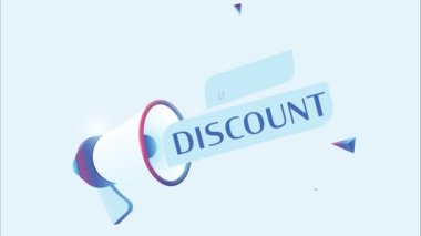 3D gerçekçi megafon animasyonlu büyük indirim metni. Reklam videosu için megafon pankartı. 4K hareket canlandırması