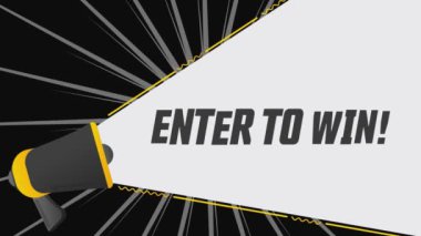 Kazanmak için girin. Reklam pankartıyla megafon. Reklamcılık, pazarlama konuşması. 4K video hareketi canlandırması