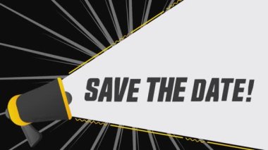 Tarihi kaydet. Reklam pankartıyla megafon. Reklamcılık, pazarlama konuşması. 4K video hareketi canlandırması