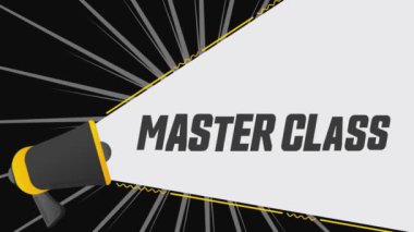 Master sınıfı. Reklam pankartıyla megafon. Reklamcılık, pazarlama konuşması. 4K video hareketi canlandırması