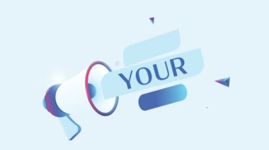 3D gerçekçi megafon animasyonlu geri bildirim metnini istiyoruz. Reklam videosu için megafon pankartı. 4K hareket canlandırması