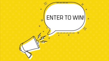 Kazanmak için girin. Megafon ve tırnak içinde sarı konuşma balonu. Günlük yönetimi. Sosyal ağlar, reklamlar, afişler için kavram posteri. Düz dizayn. 4K video canlandırması