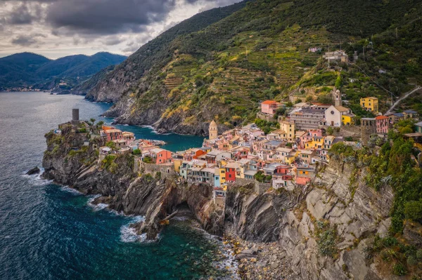 Letecký Snímek Vesnice Vernazza Moře Cinque Terre Itálie Září 2022 — Stock fotografie
