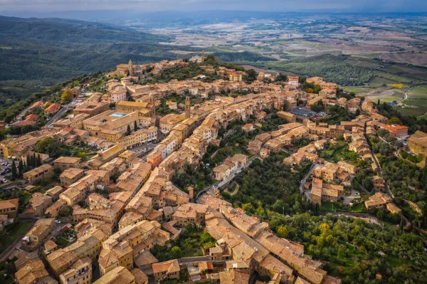Paisaje Montalchino Una Hermosa Ciudad Medieval Toscana Italia Aerial Drone — Foto de Stock