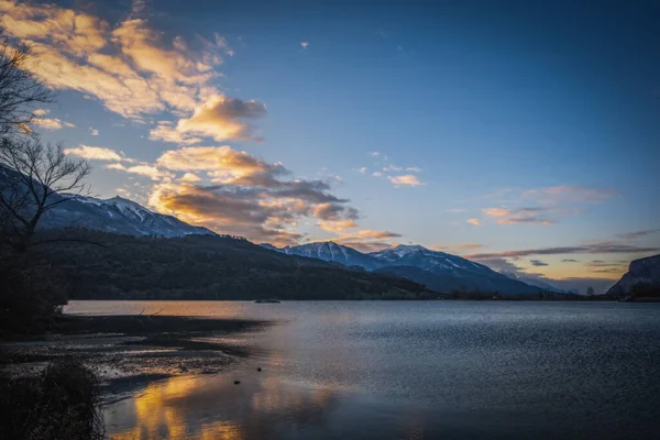 stock image the sunrise on Lake Toblino in the province of Trento in Italy. January 2023