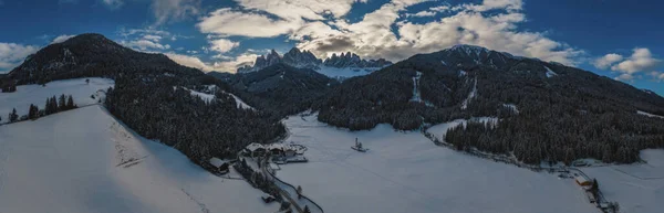Panoramic Aerial Drone View Small Village Magdalena Val Funes Valley — Stock Photo, Image