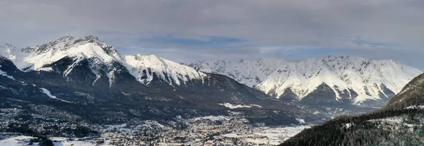 Vista Aérea Panorâmica Inverno Idílico País Das Maravilhas Montanha Alpes — Fotografia de Stock