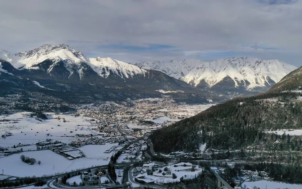 Panoramic Aerial View Idyllic Winter Wonderland Mountain Alps Sunny Day — Stock Photo, Image
