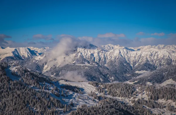 Mountain ski resort Nassfeld near Hermagor, Austria - morning view of well prepared slopes with no people. January 2022